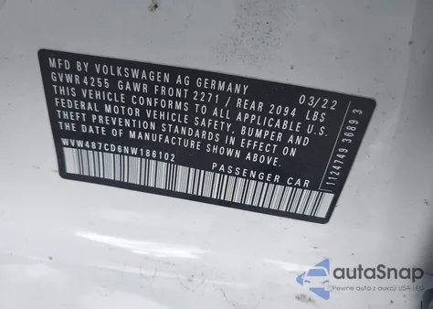 2022 Volkswagen Golf Gti 2.0T Se z USA, uszkodzony, nr VIN WVW487CD6NW186102